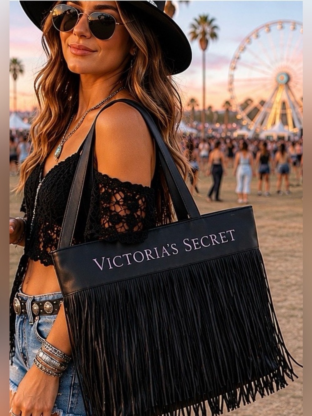 Victoria’s Secret black fringe tote large new
